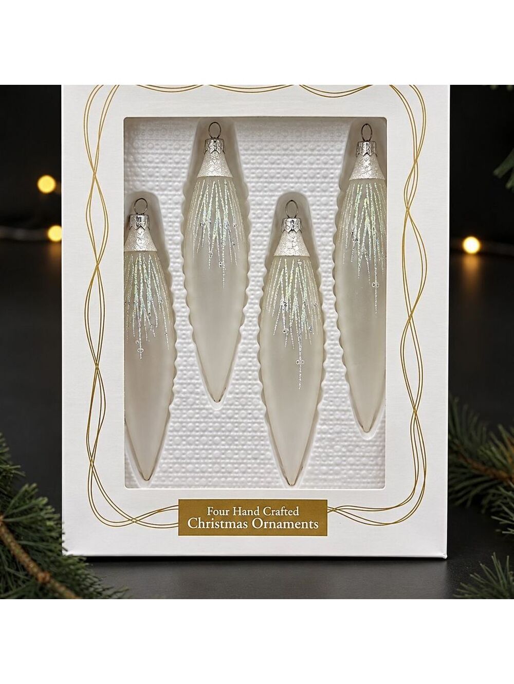 Set of 4 Handcrafted White Silver Icicle Christmas Ornaments Glass Tree Decor